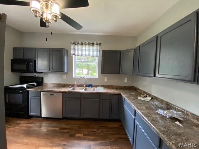 201 N Vine St, Nokomis, IL 62075 - kitchen featuring black appliances, dark wood finished floors, a ceiling fan, and gray cabinetry