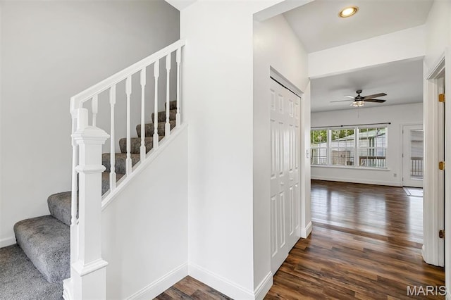 104 Miller Dr, Fenton, MO 63026 - staircase with wood finished floors, a ceiling fan, and recessed lighting