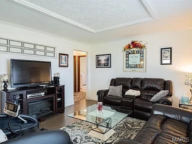 4840 S Point Rd, Washington, MO 63090 - living room featuring a tray ceiling, ornamental molding, and wood finished floors