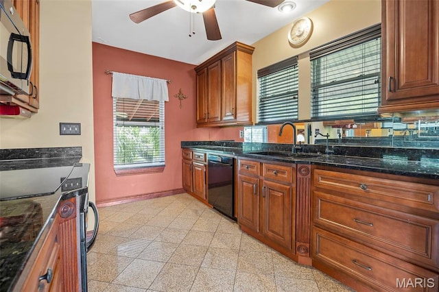 10122 Niblic Dr, Saint Louis, MO 63114 - kitchen featuring range with electric cooktop, ceiling fan, granite tiled floors, and black dishwasher