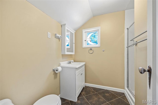 10122 Niblic Dr, Saint Louis, MO 63114 - full bath with vaulted ceiling, vanity, tile patterned floors, and an enclosed shower