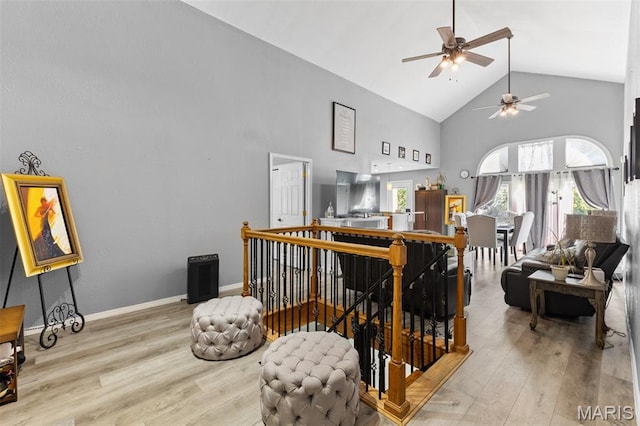 441 Rue Martel, Bonne Terre, MO 63628 - living room with high vaulted ceiling, a ceiling fan, and wood finished floors