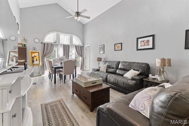441 Rue Martel, Bonne Terre, MO 63628 - living area with high vaulted ceiling, a ceiling fan, and light wood-style floors