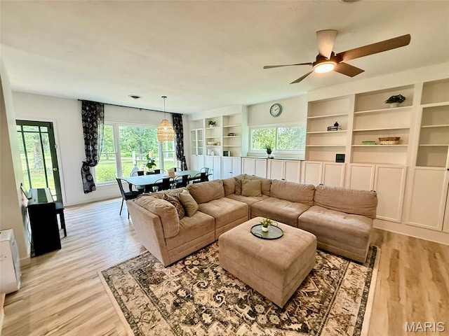 10107 Cannon Mines Rd, Cadet, MO 63630 - living area featuring healthy amount of natural light, a ceiling fan, light wood-type flooring, and built in shelves