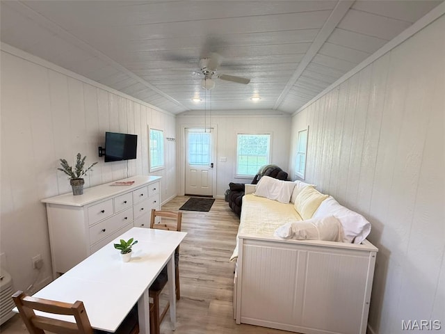 10107 Cannon Mines Rd, Cadet, MO 63630 - living area with light wood-type flooring, a ceiling fan, wood walls, and wood ceiling