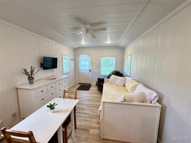10107 Cannon Mines Rd, Cadet, MO 63630 - living area with light wood finished floors, a ceiling fan, wood walls, and wooden ceiling