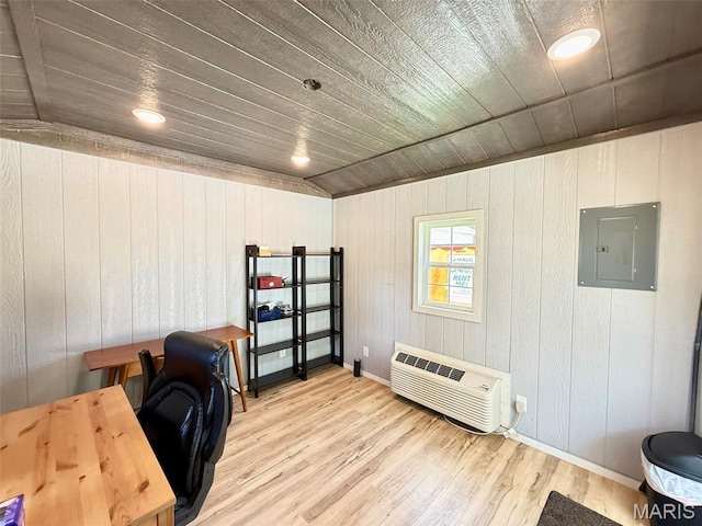 10107 Cannon Mines Rd, Cadet, MO 63630 - office space with electric panel, light wood-style floors, wooden ceiling, wood walls, and a wall mounted air conditioner