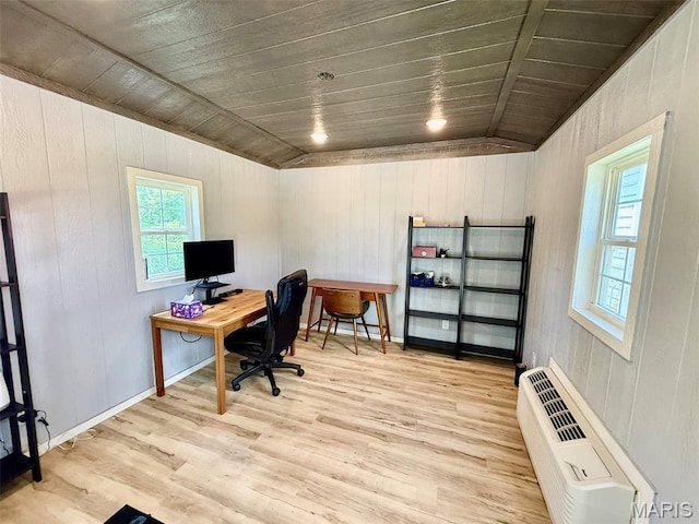 10107 Cannon Mines Rd, Cadet, MO 63630 - office area featuring light wood-style flooring, wooden ceiling, a wall unit AC, and wood walls