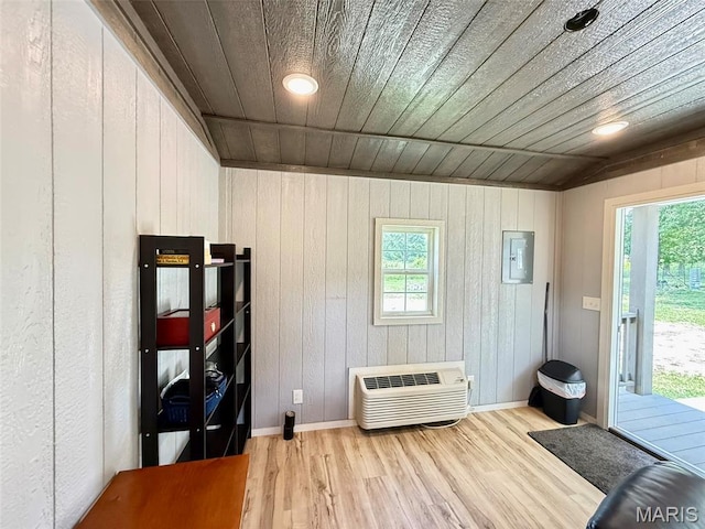 10107 Cannon Mines Rd, Cadet, MO 63630 - interior space with wood finished floors, electric panel, wooden ceiling, plenty of natural light, and wooden walls