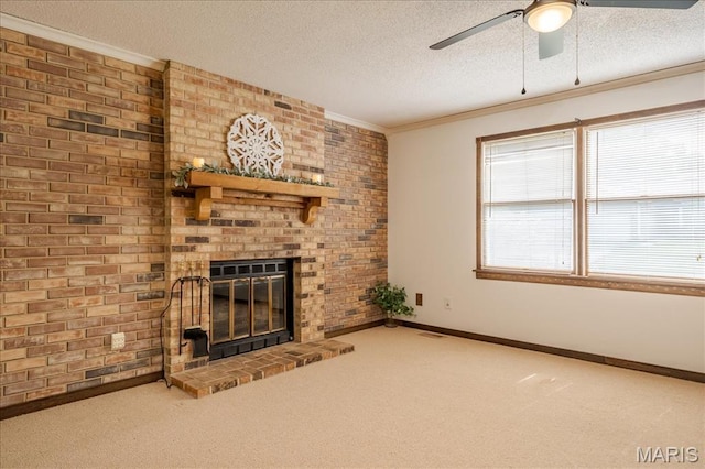 25 Whispering Oaks Dr, Washington, MO 63090 - unfurnished living room featuring carpet floors, a textured ceiling, a ceiling fan, a brick fireplace, and ornamental molding