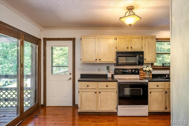 25 Whispering Oaks Dr, Washington, MO 63090 - kitchen with white range with electric stovetop, black microwave, a textured ceiling, dark countertops, and light brown cabinets