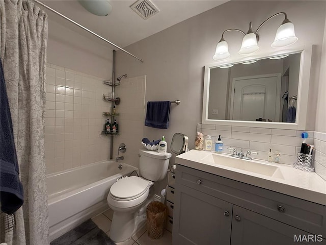 670 Coeur De Royale Dr Unit A, Creve Coeur, MO 63141 - full bathroom featuring shower / tub combo with curtain, vanity, tasteful backsplash, and tile patterned flooring