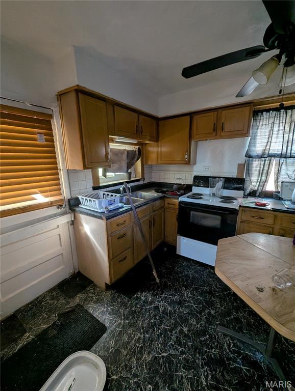 4320 Edgewood Blvd, Saint Louis, MO 63121 - kitchen featuring range with electric stovetop, a ceiling fan, tasteful backsplash, and brown cabinetry