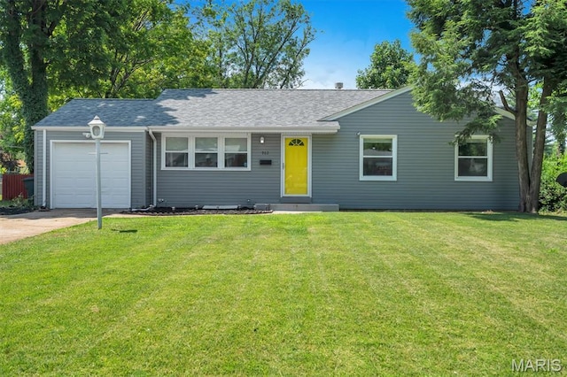 962 Buckeye Dr, Ferguson, MO 63135 - ranch-style home with a garage, driveway, a front yard, and a shingled roof