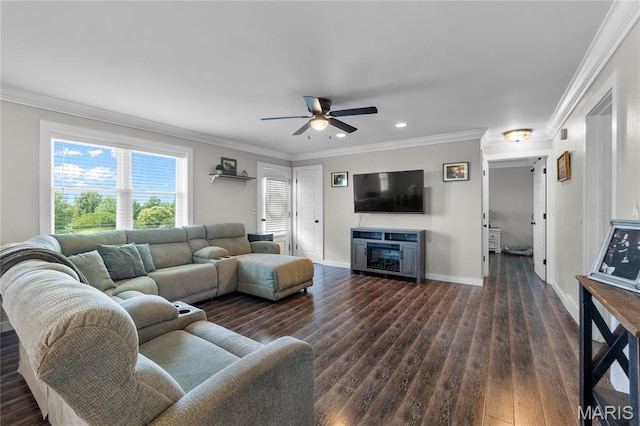1658 County Road 435, Jackson, MO 63755 - living room featuring a ceiling fan, recessed lighting, ornamental molding, dark wood-style floors, and a glass covered fireplace