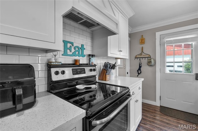 1658 County Road 435, Jackson, MO 63755 - kitchen featuring stainless steel electric range, crown molding, custom exhaust hood, white cabinets, and tasteful backsplash