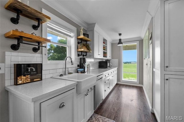 1658 County Road 435, Jackson, MO 63755 - kitchen featuring open shelves, stainless steel dishwasher, healthy amount of natural light, tasteful backsplash, and ornamental molding