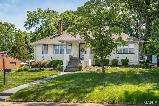 354 Frieda Ave, Kirkwood, MO 63122 - view of front of property featuring stone siding, a chimney, a front lawn, stairs, and roof with shingles