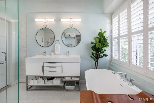 354 Frieda Ave, Kirkwood, MO 63122 - full bathroom featuring double vanity, a freestanding bath, and a shower stall