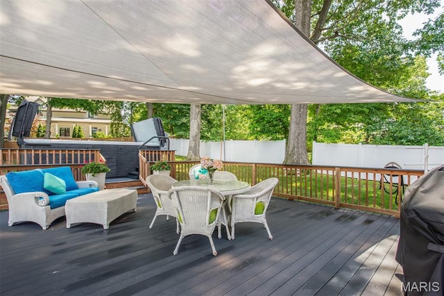 354 Frieda Ave, Kirkwood, MO 63122 - wooden terrace with outdoor dining area, a fenced backyard, outdoor lounge area, and area for grilling