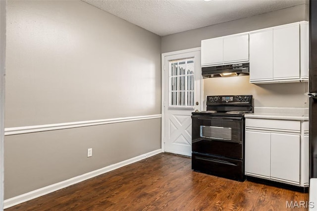 9029 N Swan Cir, Saint Louis, MO 63144 - kitchen featuring black range with electric cooktop, under cabinet range hood, dark wood-type flooring, white cabinetry, and light countertops
