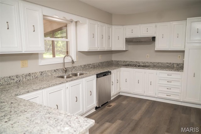 1688 Notre Dame Dr, Bonne Terre, MO 63628 - kitchen featuring dishwasher, white cabinetry, black electric cooktop, light stone counters, and dark wood-style flooring