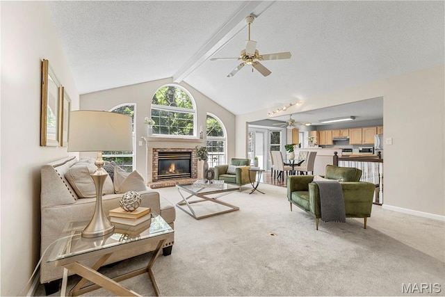 3164 Willow Bend Dr, Saint Charles, MO 63303 - living area featuring ceiling fan, a brick fireplace, light carpet, and a textured ceiling