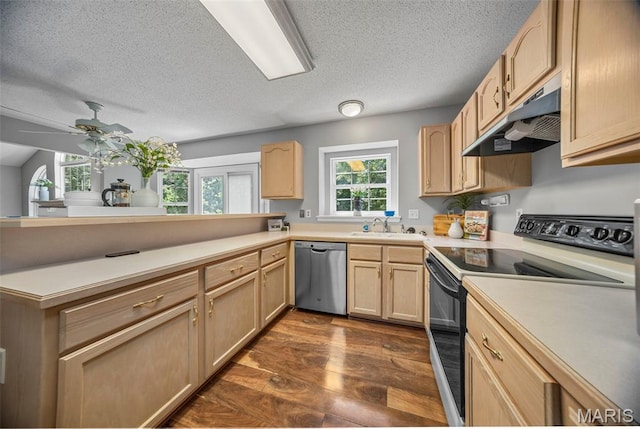 3164 Willow Bend Dr, Saint Charles, MO 63303 - kitchen featuring stainless steel dishwasher, white electric range, under cabinet range hood, a peninsula, and light brown cabinetry