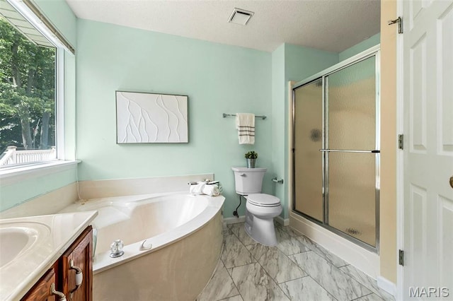 3164 Willow Bend Dr, Saint Charles, MO 63303 - bathroom with a stall shower, a bath, vanity, marble look tiles, and a textured ceiling