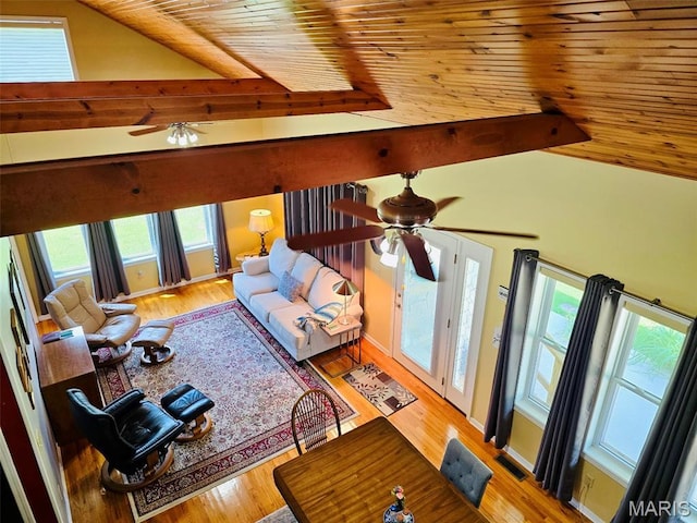 202 Maple, Licking, MO 65542 - living room with ceiling fan, wooden ceiling, wood finished floors, and high vaulted ceiling