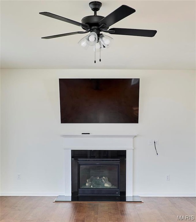 17603 Hitching Post Ct, Eureka, MO 63025 - detailed view of a glass covered fireplace, wood finished floors, and a ceiling fan