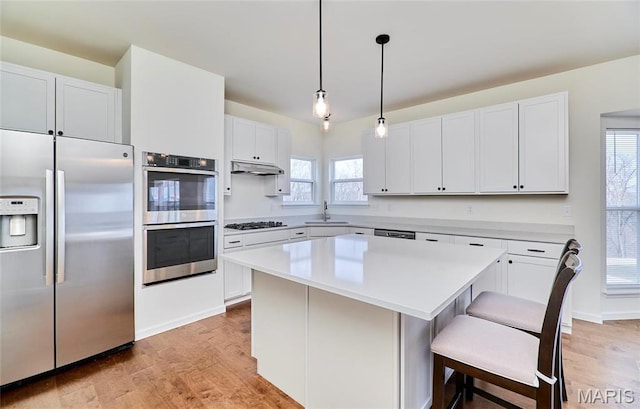 17603 Hitching Post Ct, Eureka, MO 63025 - kitchen with stainless steel appliances, light wood-style floors, under cabinet range hood, a center island, and white cabinetry