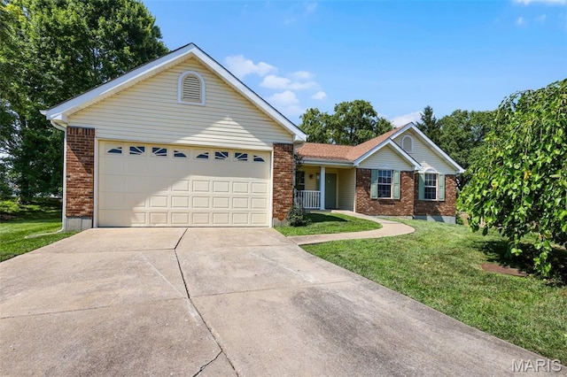 3816 Keeneland Ct, Florissant, MO 63034 - ranch-style house featuring brick siding, concrete driveway, a front lawn, and an attached garage