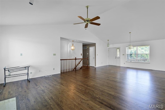 3816 Keeneland Ct, Florissant, MO 63034 - unfurnished living room with ceiling fan, wood finished floors, and high vaulted ceiling
