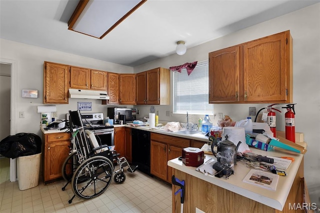 3816 Keeneland Ct, Florissant, MO 63034 - kitchen with under cabinet range hood, dishwasher, stainless steel stove, and brown cabinets