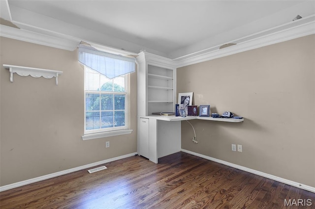 3816 Keeneland Ct, Florissant, MO 63034 - unfurnished office with wood finished floors, built in study area, and crown molding
