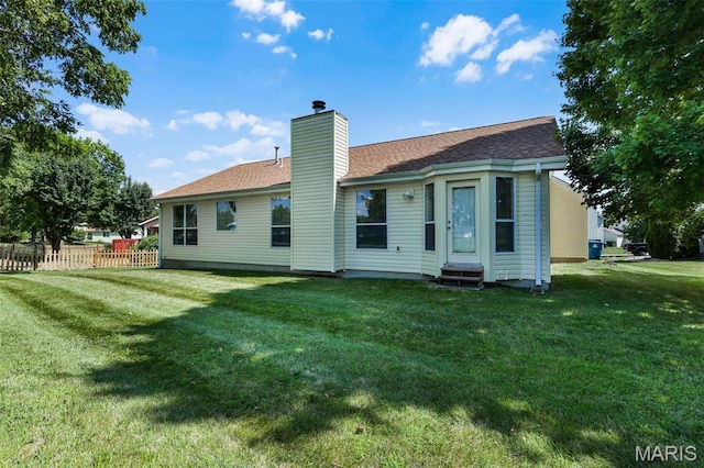 3816 Keeneland Ct, Florissant, MO 63034 - rear view of house featuring entry steps, a chimney, and roof with shingles