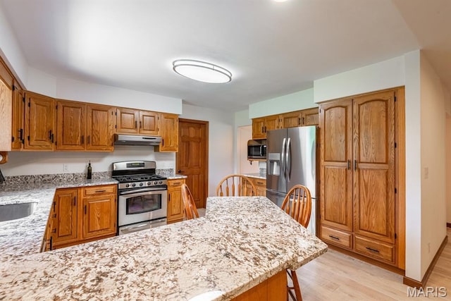 616 E Brentmoor Dr, Troy, IL 62294 - kitchen with appliances with stainless steel finishes, under cabinet range hood, light wood-style floors, a peninsula, and light stone counters