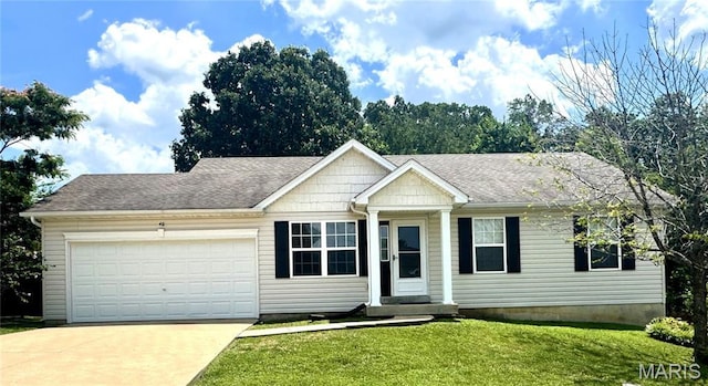 40 Valley Farms Dr, Winfield, MO 63389 - ranch-style house with concrete driveway, a shingled roof, a garage, and a front lawn