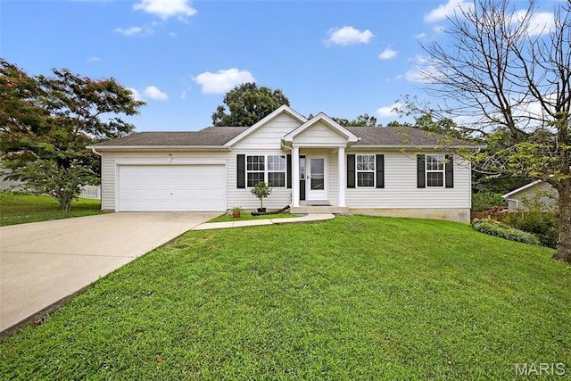 40 Valley Farms Dr, Winfield, MO 63389 - ranch-style house featuring driveway, a garage, a front yard, and roof with shingles