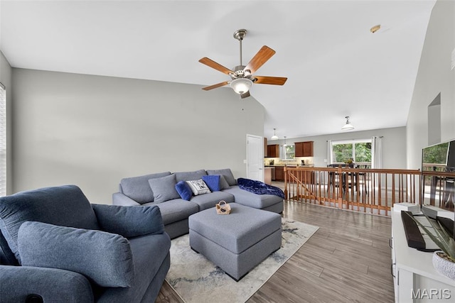 40 Valley Farms Dr, Winfield, MO 63389 - living area featuring ceiling fan, light wood-type flooring, and high vaulted ceiling