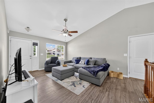 40 Valley Farms Dr, Winfield, MO 63389 - living area with a ceiling fan, wood finished floors, and high vaulted ceiling