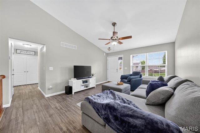 40 Valley Farms Dr, Winfield, MO 63389 - living area with wood finished floors, high vaulted ceiling, and ceiling fan