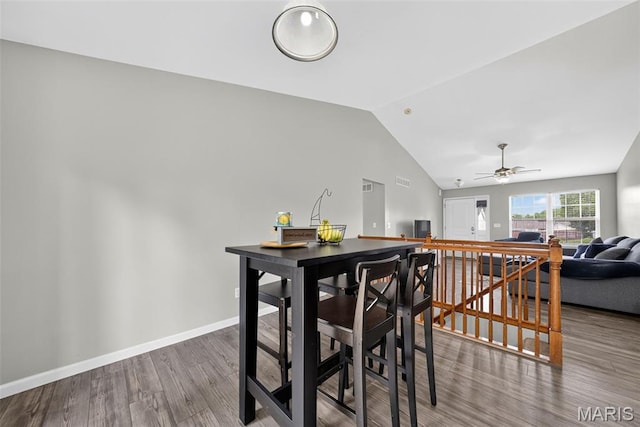 40 Valley Farms Dr, Winfield, MO 63389 - dining area with lofted ceiling, wood finished floors, and ceiling fan