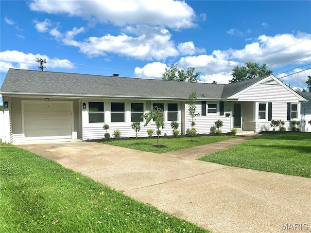 1248 Lynchester Ln, Kirkwood, MO 63122 - single story home with concrete driveway, an attached garage, a front yard, and a shingled roof