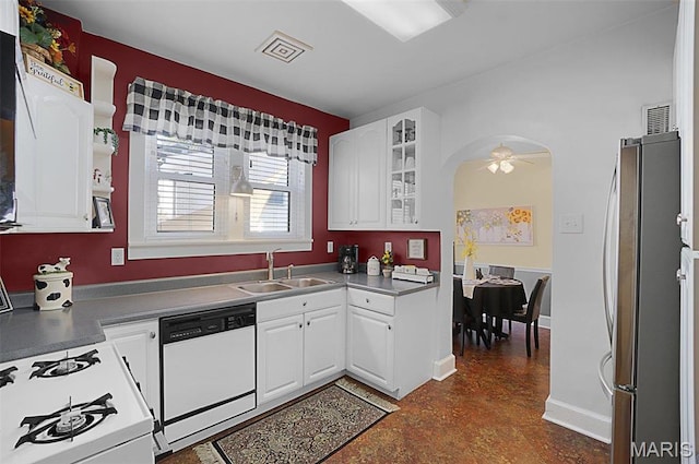 401 Elm St, Washington, MO 63090 - kitchen with white appliances, white cabinets, and glass insert cabinets