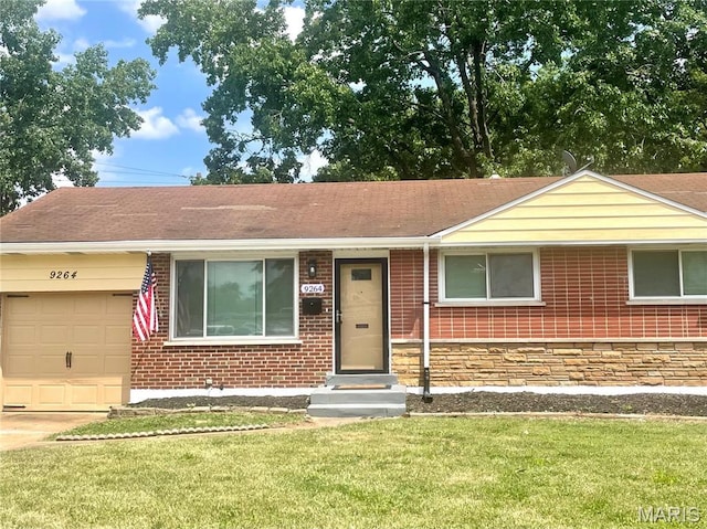 9264 Bellefontaine Rd, Bellefontaine Nghbrs, MO 63137 - ranch-style house with a front yard, an attached garage, stone siding, roof with shingles, and brick siding