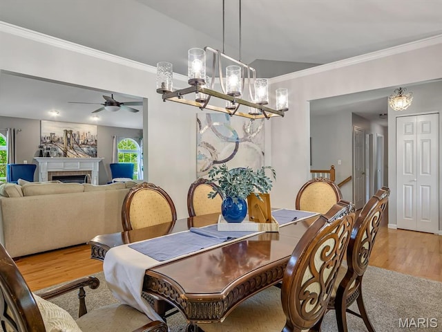 22 Foxmoor Dr, Maryville, IL 62062 - dining room with a ceiling fan, light wood-style flooring, crown molding, a chandelier, and a tile fireplace