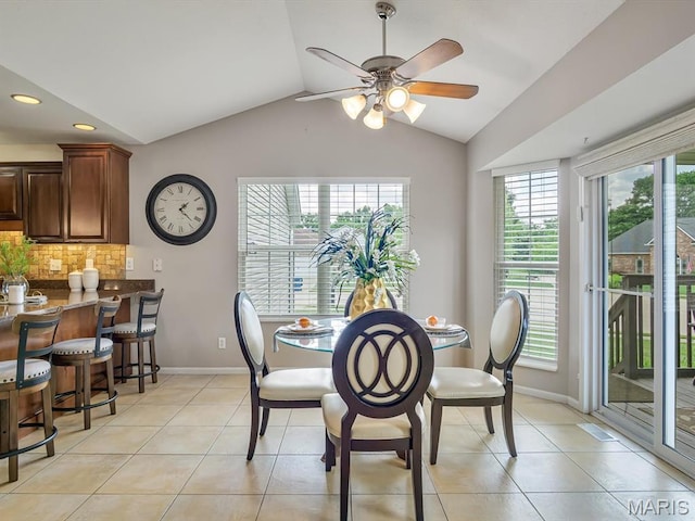 22 Foxmoor Dr, Maryville, IL 62062 - dining room with a ceiling fan, lofted ceiling, light tile patterned floors, and recessed lighting