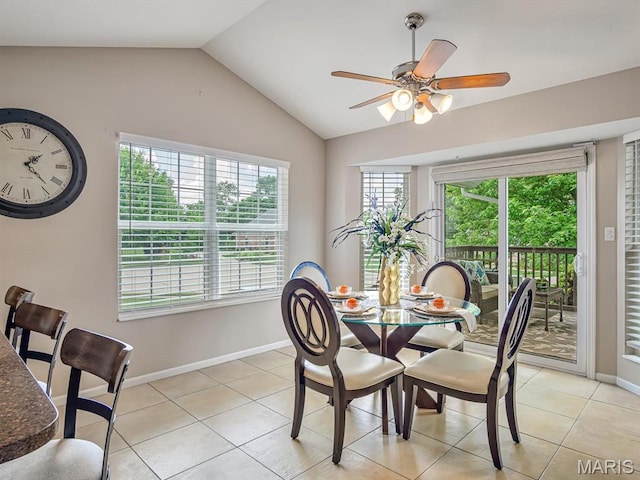 22 Foxmoor Dr, Maryville, IL 62062 - dining room featuring healthy amount of natural light, vaulted ceiling, a ceiling fan, and light tile patterned floors